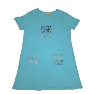 VTG BLUE CACTUS Turquoise Short Sleeve Artsy Boho Cotton Dress Women's Size XL